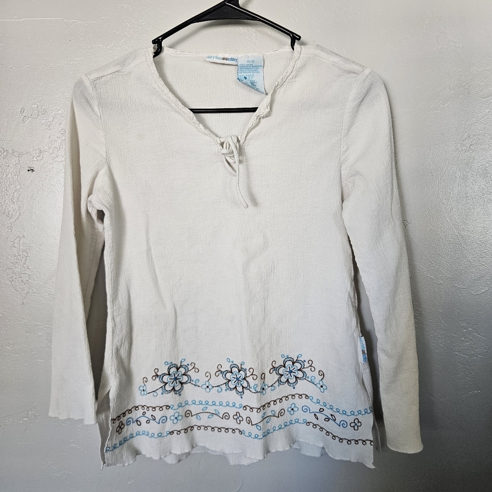 Mary-Kate & Ashley Vintage Girls Large 10/12 White Long Sleeve Top Blue Floral